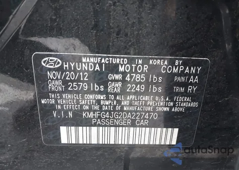 2013 Hyundai Azera из США, поврежденный, VIN KMHFG4JG2DA227470